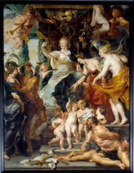 摂政時代の幸福感 メディチ家の女王マリア（マリア・デ・メディチ）（1573-1642）が摂政時代に勝利を収めている様子を表しています。ピエール・ポール（Pierre-Paul）・ルーベンス（またはPeter PaulまたはPetrus Paulus）（1577-1640）の絵画 17世紀 日3,94x2,95 m