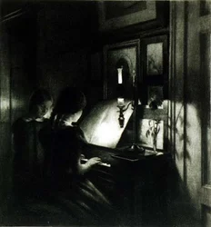 ピアノを弾く少女たち（メゾチント）