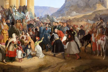 ギリシャ王オトン1世（1815-1876）がアゴラのヘパイストス神殿（Hephaisteion）（ヘパイストス）またはテセイオンの前で群衆に迎えられてアテネスに入場した時の様子（ギリシャ