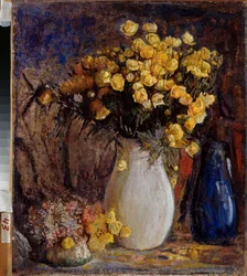 Nenuphars dans un vase blanc (白い水差しの睡蓮) - Pyotr Ivanovich Petrovichev (Piotr Petrovichev) (1874-1947) による絵画、キャンバスに油彩 - 19 世紀から 20 世紀後半のロシア美術、モダニズム - State V Surikov Art Museum、クラスノヤルスク（ロシア）