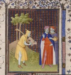 Royal 15 D.11 fol.262 Guiart de Moulins (vellum) の「Bible Historiale」より、小動物を連れた愚か者