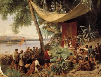 アメリカでの最初のミサ（15世紀） 1494年にキューバで行われたミサ（コロンブスからハバナへの第2の旅）。詳細ブランシャール・ファラモン（1805-1873）の絵画
