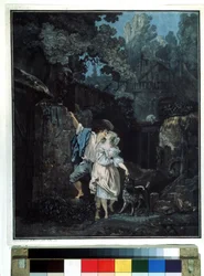 「お別れの朝」（お別れの朝） 早朝に出発するカップル。 Philibert Louis Debucourt (1755-1832) によるリトグラフ 1787年 プーシキン美術館 モスクワ