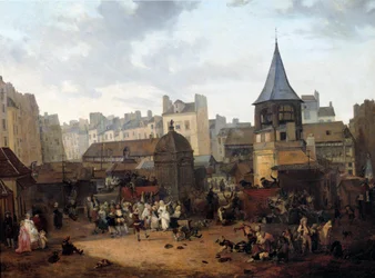 1782年1月21日、フランス王太子ルイ・ジョセフ（1781-1789）の誕生に際し、パリ・オ・ホール市から贈られたレジュイザンス ルイ・フィリベール・ドゥビュクール（1755-1832）による絵画 1782年 日。0.89x1.16 m パリ、カルナヴァレ美術館