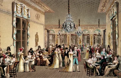 カフェ・フラスカティの大サロン。リトグラフ：Philibert-Louis (Philibert Louis) Debucourt (1755-1832)