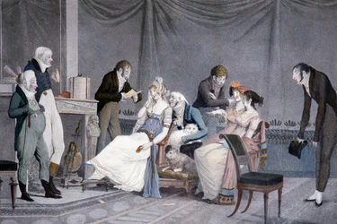 ルイ=フィリップール・ドゥビュクール（1755-1832）作「訪問」、アクアチント、エトルリア風ディレクトワール様式の家具がある場面、フランス