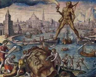 Sept merveilles du monde : "Le colosse de Rhodes" (Colosso di Rodi) - ロードス島の巨像 (シリーズ「世界の八不思議」より) Maarten van Heemskerck の後 - Galle, Philipp (1537-1612) - 1572 - エッチング、水彩 - Bibliotheque muni