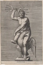 プレート 2: ジュピター、ワシに座った裸の神の像、ダブル トライデントを保持、1586 年頃.