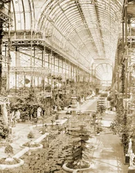 1859 年頃、南端のクイーンズ スクリーンの上の回廊から撮影された身廊の内部 (b/w 写真)