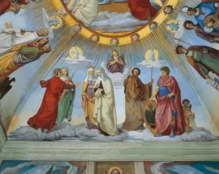 ダンテとベアトリーチェがピッカルダとコンスタンスに話しかける（「祝福された天国とエンピリアンの天国」より、ダンテの間（フレスコ画