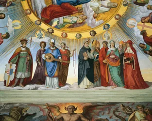 ダンテとベアトリーチェが知恵の教師たちに話しかける、「祝福された天国とエンピリアンの天国」より、ダンテの間（フレスコ画