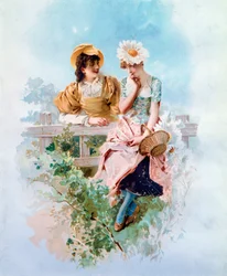 自信 秘密を囁く二人の若い娘。フィリップ・ジャック・リンダーのリトグラフ（1835-） 19世紀 個人蔵