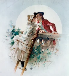 優しい接吻。月明かりの中で接吻する男女を描いた雅な情景。フィリップ・ジャック・リンダー（1835-?）によるリトグラフ。19世紀。個人蔵