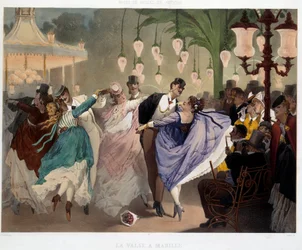 1867年のマビーユでのワルツのダンスシーン。フィリップ・ジャック・リンダー(1835-?)によるリトグラフ。萌えと行為の博物館」のページ。パリ、カルナヴァレ美術館