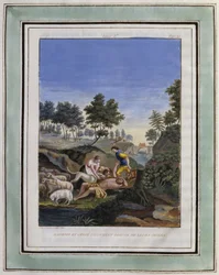 ドルコンを犬から助けるダフニスとクロエ。フィリップ・オルレアン（1674-1723）作、ロングス作『ダフニスとクロエの牧歌的な愛』のためのデッサン - 1787年版『ダフニスとクロエの牧歌的な愛』の挿絵 - 『牧歌的な愛』の挿絵