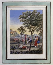収穫を分かち合うダフニスとクロエ。フィリップ・オルレアン（1674-1723）作、ロングス作『ダフニスとクロエの牧歌的な情事』のためのデッサン - 『ダフニスとクロエの牧歌的な情事』1787年版の挿絵 - 『ダフニスとクロエの牧歌的な情事』1787年版の挿絵 - 『ダフニスとクロエの牧歌的な情事』の挿絵。