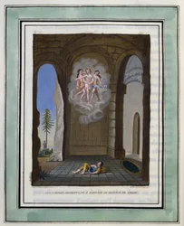 ニンフたちはダフニスにクロエの帰還を約束する。フィリップ・オルレアン（1674-1723）作、ロングス作『ダフニスとクロエの牧歌的な愉しみ』のためのデッサン - 『ダフニスとクロエの牧歌的な愉しみ』1787年版より - 『ダフニスとクロエの牧歌的な愉しみ』1787年版より - 『ダフニスとクロエの牧歌的な愉しみ』の挿絵。