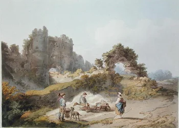 カリスブルック城の門（1805年発行の「イングランドとウェールズのロマンチックで絵になる風景」より）（カラー彫刻
