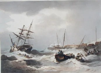 1805年に出版された「The Romantic and Picturesque Scenery of England and Wales」に掲載されているマーゲート沖の嵐（カラー彫刻）。
