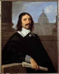 ソルボンヌ大学礼拝堂前の建築家ジャック・ルメルシエ（1585-1654）の肖像 フィリップ・ドゥ・シャンパーニュ（1602-1674）の絵画（ec.flam.） 17世紀 Sun.0,97x0,75m - - 建築家ジャック・ルメルシエ（1585-1654）の肖像、ソルボンヌ大学礼拝堂の前で。