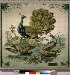 「孔雀」。フィリップ・ド・ラサール（1723-1805）によるタペストリー、1770年、エルミタージュ美術館、サンクトペテルブルク