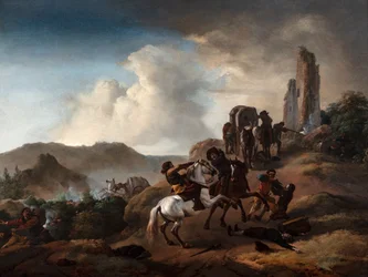 旅人を待ち伏せる山賊たち イタリア風景画 1640-50年頃 油彩・パネル