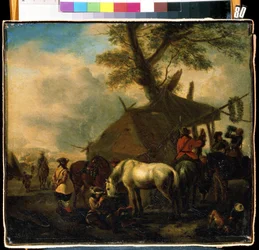 水やり場。 Philips Wouwerman (1619-1668) による絵画。 木に油彩