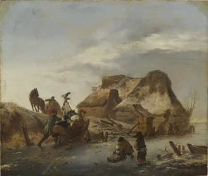 Un noble en traineau sur la glace - 貴族の氷上のそり、Wouwerman, Philips (1619-1668)作。木に油彩、1646年頃。寸法：36x43 cm。ストックホルム国立博物館
