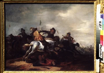戦い。 Philips Wouwerman (1619-1668) による絵画。 木に油彩、31 x 41 cm。 フランダース美術、バロック美術。 地域美術館、ウジゴロド (ウクライナ)。