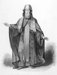 A.Fullarton & Co.発行の『World Religion』から、J.B.Birdが彫刻した「教皇の装束をまとったムスコヴィトの司教」。(エングレーヴィング)