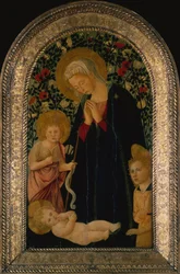 幼児洗礼者聖ヨハネ、天使、ローズヘッジを後ろに持つ子供を崇拝するマドンナ（パネルのテンペラ）