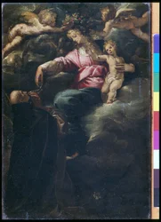 キリストの子供、聖ドミニコと二人の天使とのロザリオのマドンナ、c.1617（キャンバスに油彩）