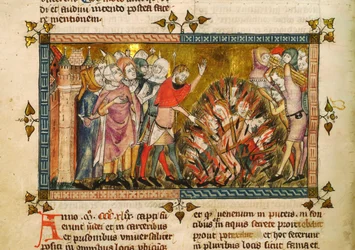 1349年のユダヤ人の火刑。ジル・ド・ミュイジ作『Tractatus quartus』より、1353年頃