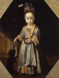 子犬を持つ少女の肖像画