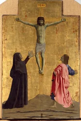 ミゼリコルデのポリプティーク：聖人に囲まれたミゼリコルデの聖母。十字架に「INRI」と刻まれた磔刑を描いた細部 ピエロ・デラ・フランチェスカ（1415/20-1492）の木画 1445-1460年 薄暗い。81x52,5 cm Sansepolcro, Pinacoteca C