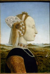 フェデリコ・ダ・モンテフェルトロの妻バッティスタ・スフォルツァの肖像》1465年頃（木にテンペラと油彩