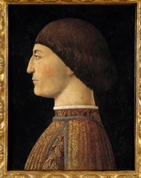 リミニ公シギスムンド・マラテスタ（1417-1468）の肖像 ピエロ・デラ・フランチェスカ（1410/1420-1492）の絵画 1451年 日。0,44 X 0,34 m - リミニ公（1417-1468）のシギスムンド・マラテスタ（Sigismondo Pandolfo Malatesta）の肖像。ピエロ・デラ・フールの絵画
