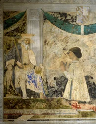 シギスモンド（Sigismondo）の肖像 パンドルフォ・マラテスタ（1417-1468）は、サン・シギスモンド（Sigismondo）の前で祈りを捧げています。ピエロ・デラ・フランチェスカことピエトロ・ディ・ベネデット・デイ・フランチェスキ（1422-1492）のフレスコ画