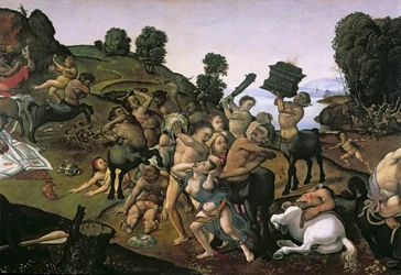 ラピスとケンタウロスの間の戦い（ラピスを攻撃するケンタウロスの詳細）c.1490（木に油彩）