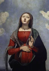 聖霊の鳩を頭上に置き、6人の聖人に囲まれた聖母マリア 詳細（油彩・キャンバス、1505年頃