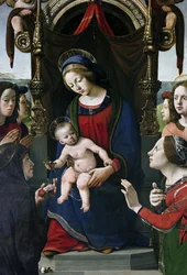 聖人に囲まれた玉座の聖母子像、細部（パネルに油彩とテンペラ、1493年頃
