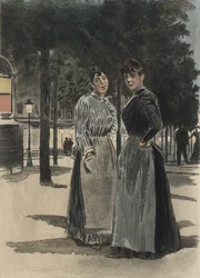 大通りにいる2人の普通の女性、オクターブ・ウザンヌ（1851-1931）による「La Femme a Paris」のイラスト（1894年）（カラー彫刻）