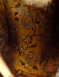 エリザベート・シャルロット・ドルレアン（1676-1744）の肖像 ロレーヌ公爵夫人、パラティーヌ家の娘 真珠のベルトと花の刺繍が施されたドレスのディテール。工房の絵画 Pierre Gobert (1662-1744) 1698年 薄さ1.4x1.11 m Versailles, musee