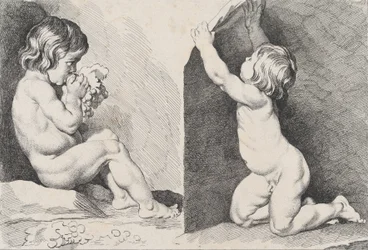 New Book of Children、1720-60 より、ブドウを食べている 2 人の裸の子供。