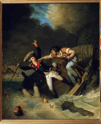 1785 年のブランズウィックの洪水の際のブランズウィック公レオポルドの死 (1785 年のブランズウィックの洪水の際のブランズウィックのレオポルドの死)。 ピエール アレクサンドル ド ヴィレ (1748-1821) の絵画。 キャンバスに油彩
