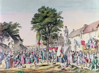 1795年のフランス革命の時の老年を称える村祭（カラー彫刻）