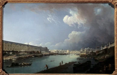 ポン・ロワイヤルから見たルーヴル美術館とシテ島の眺め 絵画：ピエール・デマシー（1723-1807） 1778年 日0,49x0,77m。