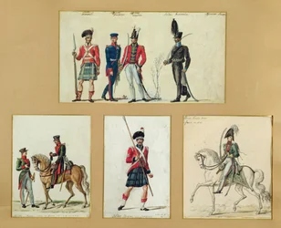 1814年のスコットランドの兵士とプロイセン、英語、ハノーバー、ロシアの将校の制服