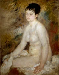 お風呂上がり。座っている裸の女性の肖像。絵画：ピエール・オーギュスト・ルノワール（Pierre-Auguste