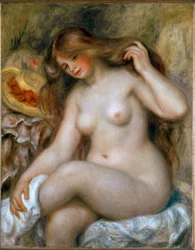 金髪の浴衣姿。非常に長い髪を持つ裸の女性。絵画：ピエール・オーギュスト・ルノワール（Pierre-Auguste